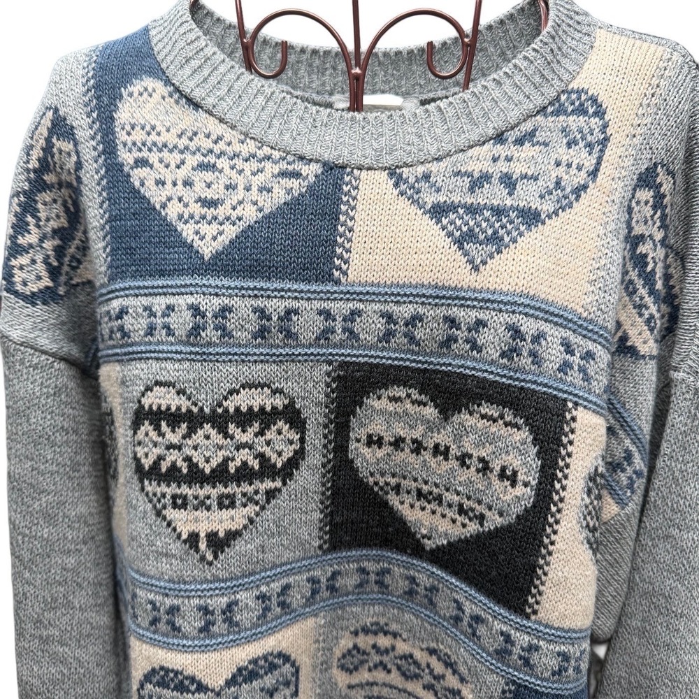 Vintage 90s Heart‎ Patchwork Knit Sweater Blue Grey Crewneck Medium USA